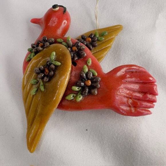 Vintage Handmade Folk Art Bird Ornaments Set of 2 Decor Hanging Parrot Red Bird - Picture 9 of 11